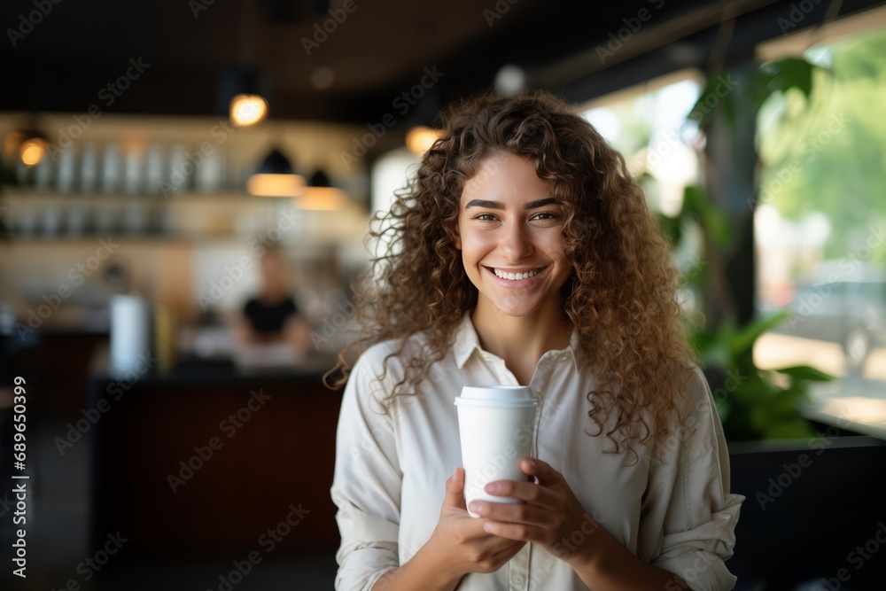 Curly-haired Woman Enjoying Coffee in Modern Cafe Curly-haired Woman Enjoying Coffee in Modern Cafe