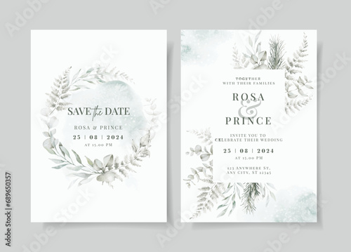greenery watercolor wedding invitation card template
