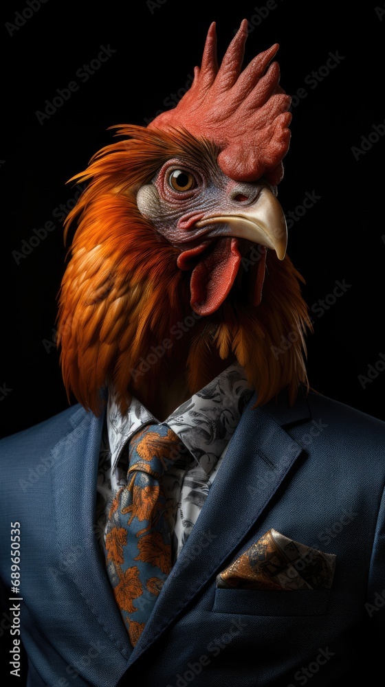 A rooster is dresses in a suit and tie
