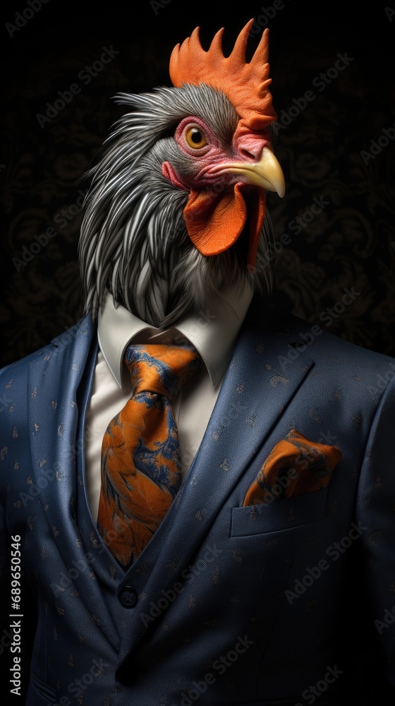 A rooster is dresses in a suit and tie