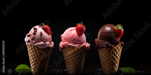 ice cream cone with chocolate.Red Strawberry Ice Cream Cone Temptation.Sweet Symphony.AI Generative  photo