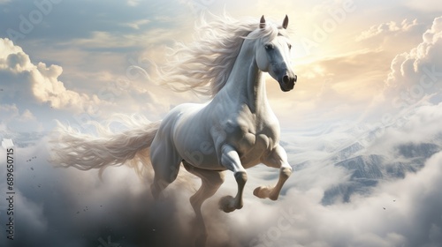 A white horse is flying above the clouds in the sky