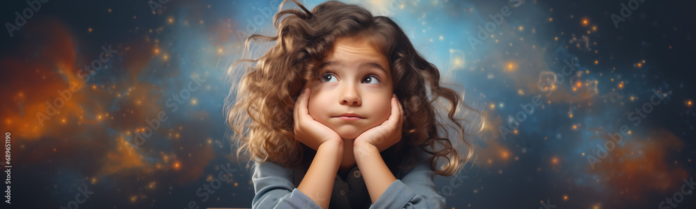 Naklejka premium Thoughtful girl sitting on the background of cosmic sky. Concept of daydreaming and hope in future.