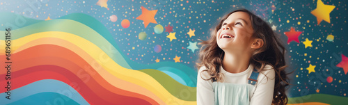 Happy child dreaming of future on the colourful background. Concept of hope and dreams.