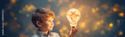 Child holding in his hand a light bulb. Concept of the having an idea. photo