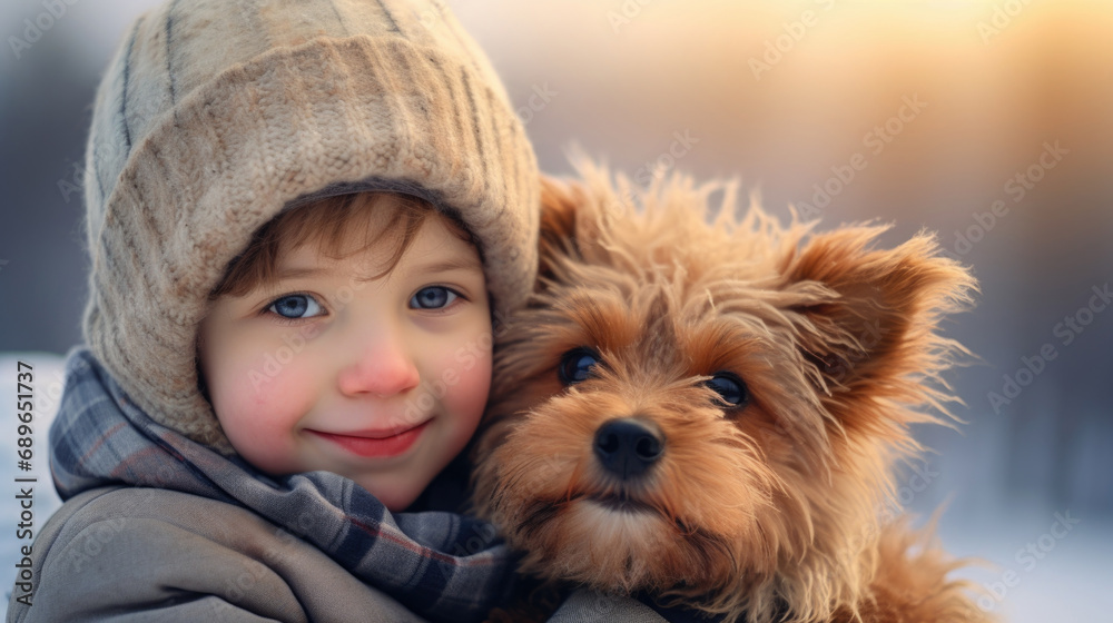 A boy and his dog, enjoying a snowy winter day A boy and his dog, enjoying a snowy winter day