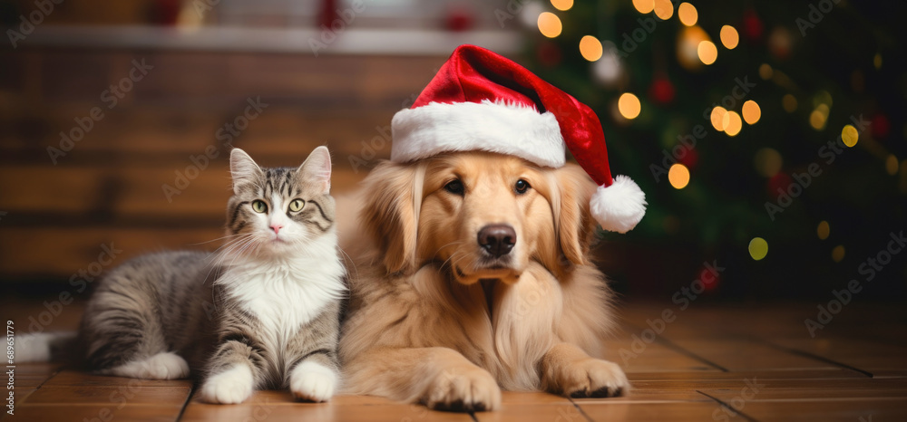 Playful pets share joy in a Christmas-themed apartment.