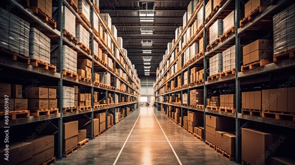 Retail warehouse with goods in boxes, with pallets and forklifts. Product distribution center