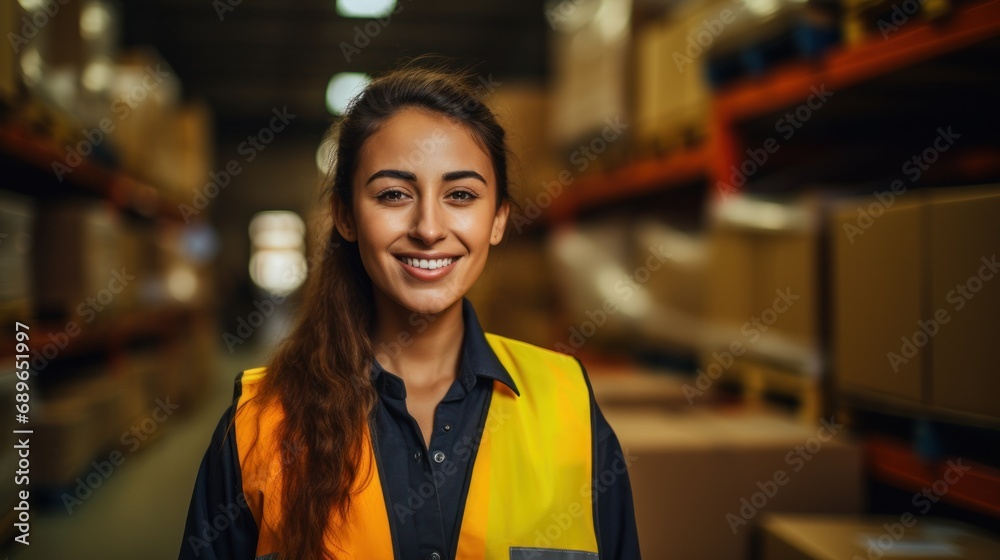 Portrait of cute warehouse female worker standing in large warehouse distribution center Portrait of cute warehouse female worker standing in large warehouse distribution center