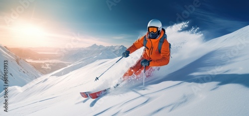 Freeride skiing. Skier on snowy slope against blue sky on sunny winter day. Banner with copy space. Skier skiing downhill in high mountains.