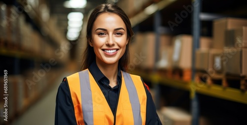 Portrait of cute warehouse female worker standing in large warehouse distribution center