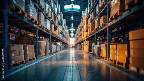 Retail warehouse with goods in boxes, with pallets and forklifts. Product distribution center