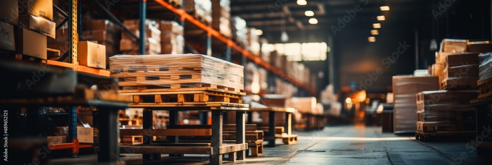 Retail warehouse with goods in boxes, with pallets and forklifts. Product distribution center