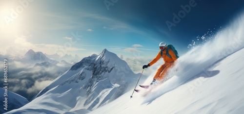 Freeride skiing. Skier on snowy slope against blue sky on sunny winter day. Banner with copy space. Skier skiing downhill in high mountains. photo