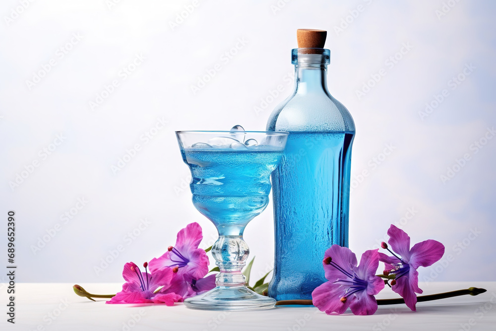 Glass bottle of blue colored liquid placed near glass with refreshing cocktail with ice and flowers on table against white background Glass bottle of blue colored liquid placed near glass with refreshing cocktail with ice and flowers on table against white background