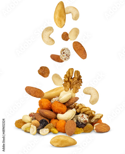Falling nuts from top to bottom, isolated on a transparent background. photo