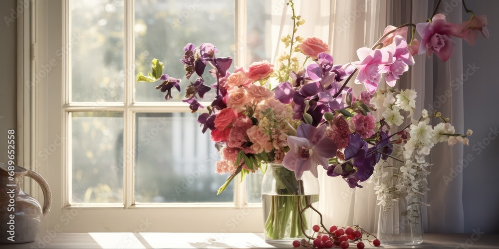 Place the flower arrangement in soft, natural light to enhance the vibrancy of the colors and capture the delicate play of light and shadows. Place the flower arrangement in soft, natural light to enhance the vibrancy of the colors and capture the delicate play of light and shadows.