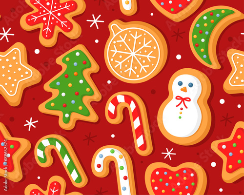 Seamless pattern with Christmas gingerbread cookies on a red background. Christmas tree, snowman, ball, candy, heart, snowflakes. Homemade Christmas cookies. Wrapping paper, decor, fabric. 