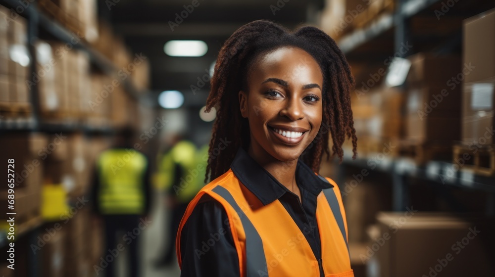 Portrait of cute warehouse female worker standing in large warehouse distribution center
