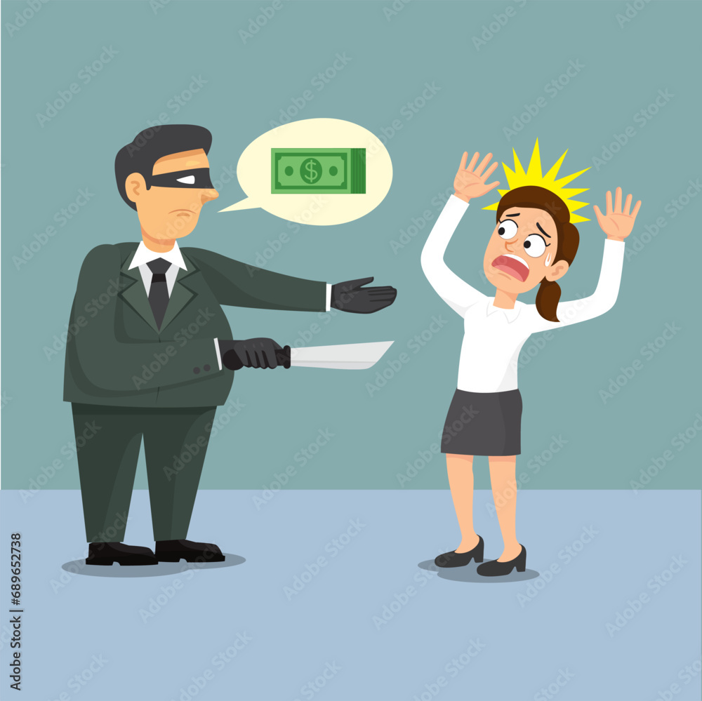 Thief businessman with knife in suit want money from other woman.illustration vector cartoon. Thief businessman with knife in suit want money from other woman.illustration vector cartoon.