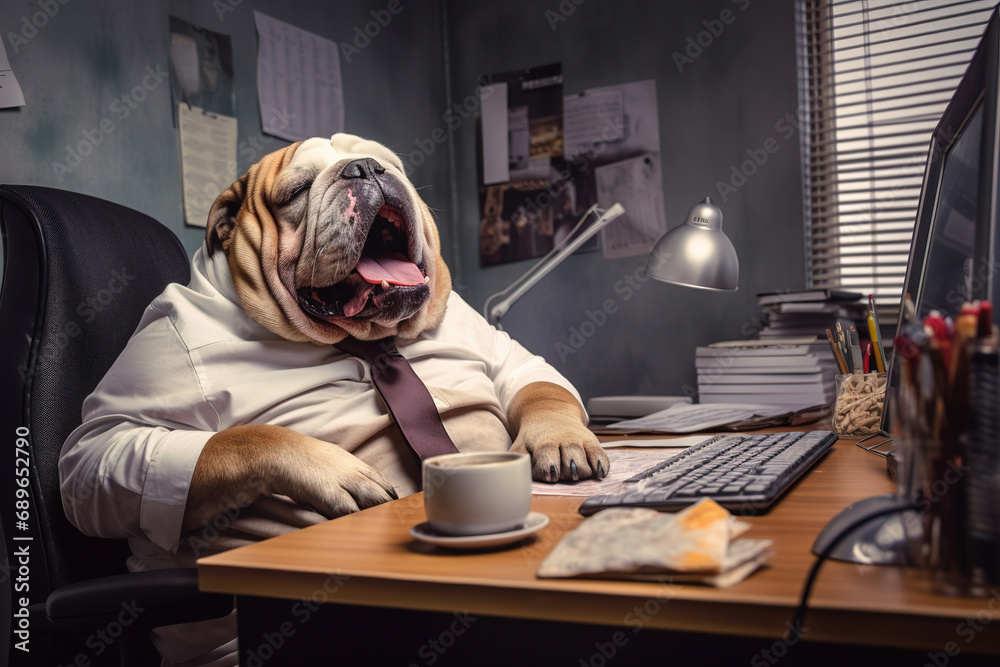 funny work weekdays in the office. Stupid boss in the office stupid office workers. Dog office worker - obrazy, fototapety, plakaty 