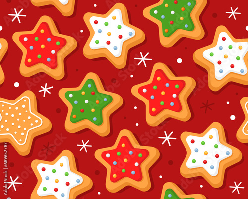 Seamless pattern with Christmas gingerbread cookies on a red background. Homemade Christmas cookies with sugar glazed. Pattern for New Year's wrapping paper, cards, decor, fabric. Stars.