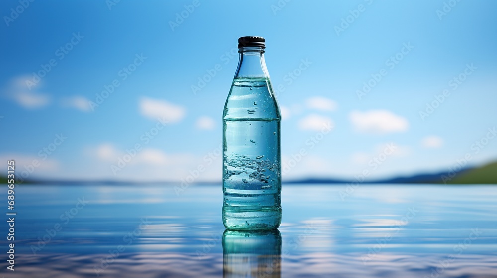 Glass bottle on lake water flask mockup Glass bottle on lake water flask mockup