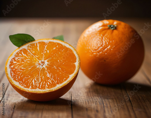 Oranges are on a wooden table. 