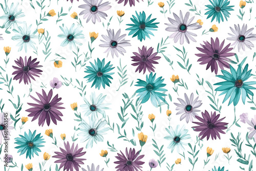 Simple daisies purple flowers seamless pattern on white background. Chamomiles floral endless wallpaper. Vector illustration. Doodle style. Design for fabric design  textile print 