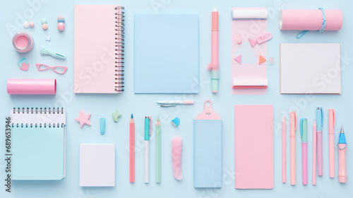 School supplies. Stylish stationery in pink and blue background photo
