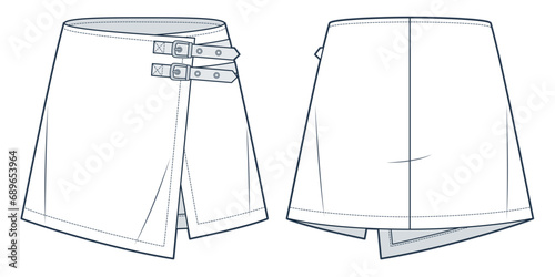 Wrap mini Skirt technical fashion illustration. Buckled Skirt fashion flat technical drawing template, A-line, front and back view, white, women, men, unisex Skirt CAD mockup.