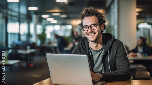 Portrait of a dedicated software developer smiling, with a laptop and coding screens in the background