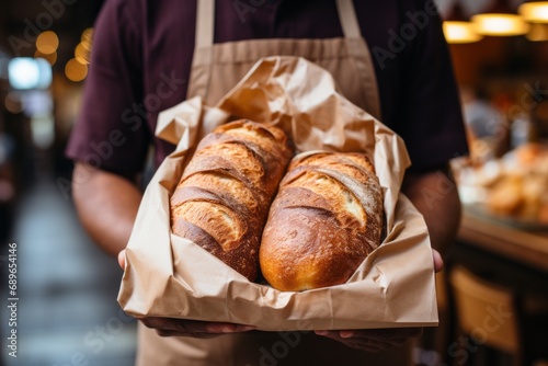 A shortened shot of a bakery owner or a male employee holding freshly baked loaves of wheat bread packed in a craft paper bag. High-quality natural and fresh products from small food industry photo