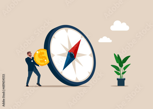 Businessman pay recurring price, membership payment to use compass. Business compass guidance direction. Flat vector illustration.

