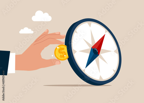 Hand holds a coin and pay recurring price, membership payment to use compass. Finding investment opportunity. Flat vector illustration.