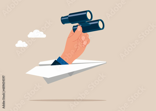 Hand with binoculars searching for new opportunity. Investment trend, financial indicator. Flat vector illustration