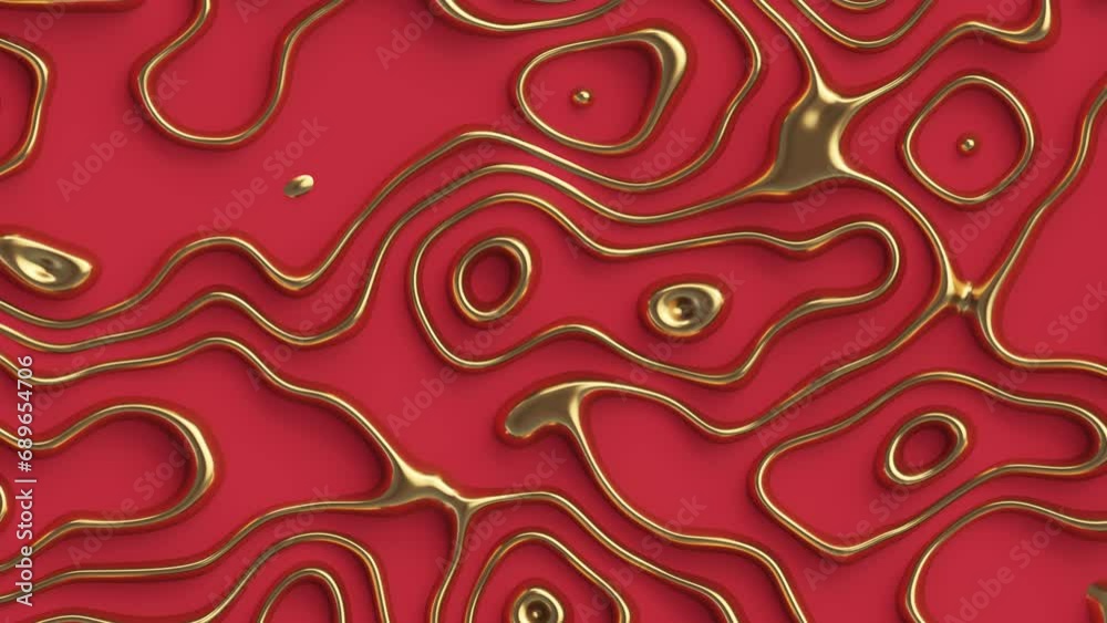 Wavy surface. Liquid Gold. Moving shiny and glossy golden waves on a red background. Abstract graphic background. Seamless looping animation. Wavy surface. Liquid Gold. Moving shiny and glossy golden waves on a red background. Abstract graphic background. Seamless looping animation.