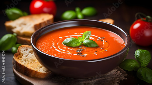 Classic tomato soup with fresh basil,photo for the restaurant menu, macro photo photo
