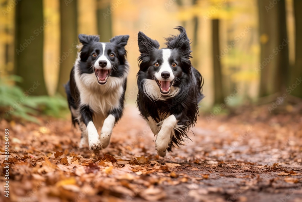 2 Happy border collie dogs running towards camera through an autumn woodland with fallen leaves