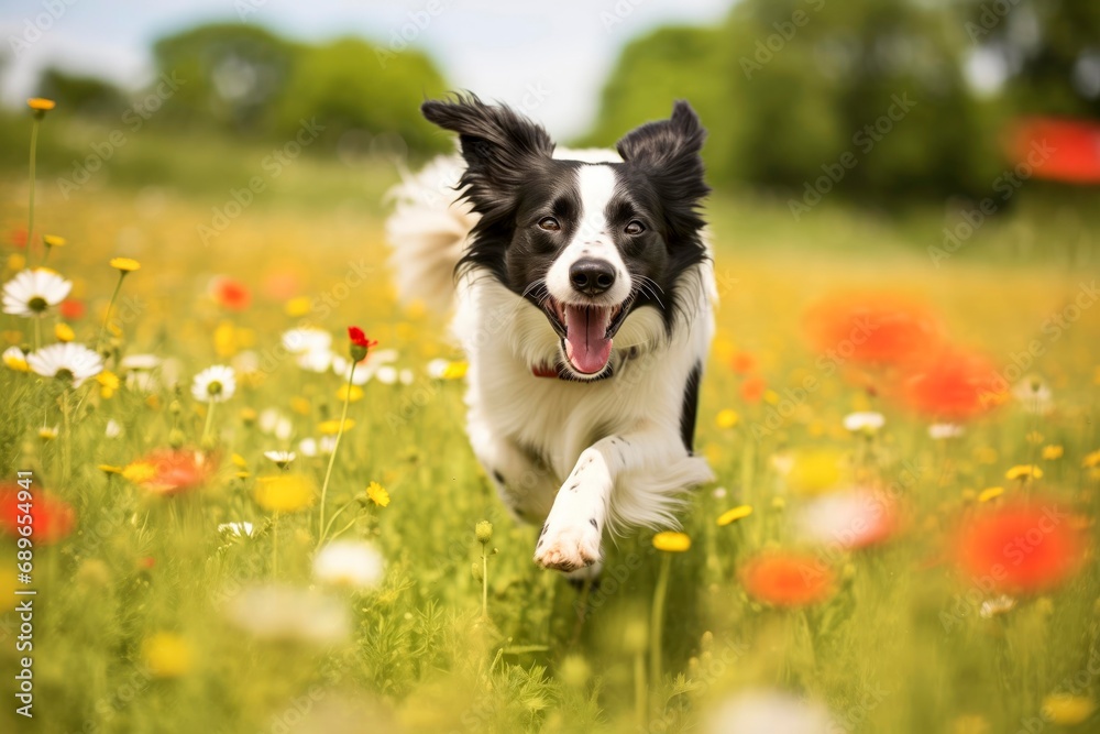 Happy border collie dog running towards camera through a field of wildflowers