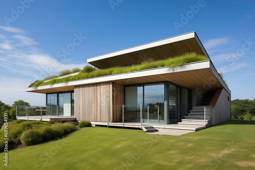 Eco home illustration of a futuristic ultra modern Environmentally friendly green house © robert