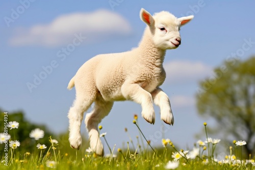 A young lamb full of the joys of spring jumping in the air photo