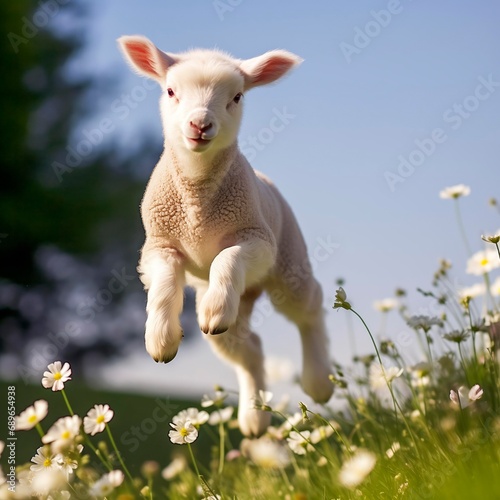 A young lamb full of the joys of spring jumping in the air photo