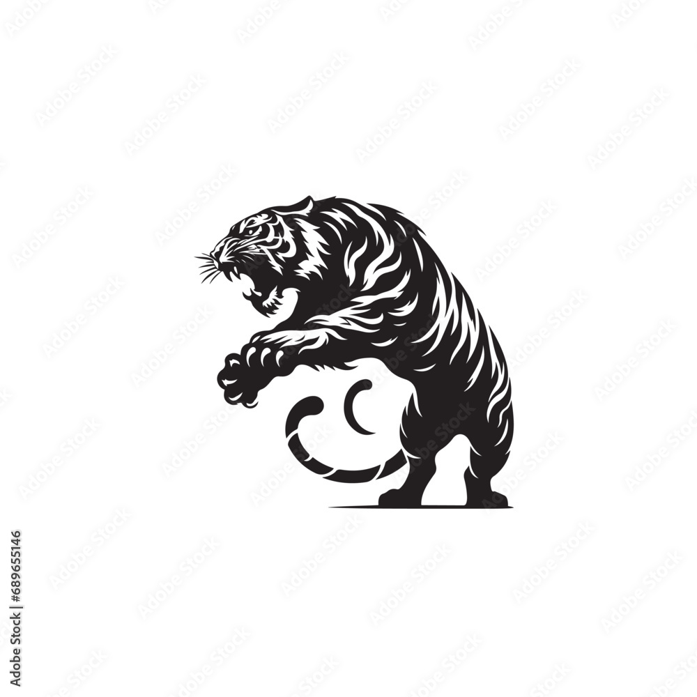 Tiger Silhouette: Dominant Wild Cat Leaping with Ferocity in Vector Graphic Black Vector Tiger Attacking Silhouette

