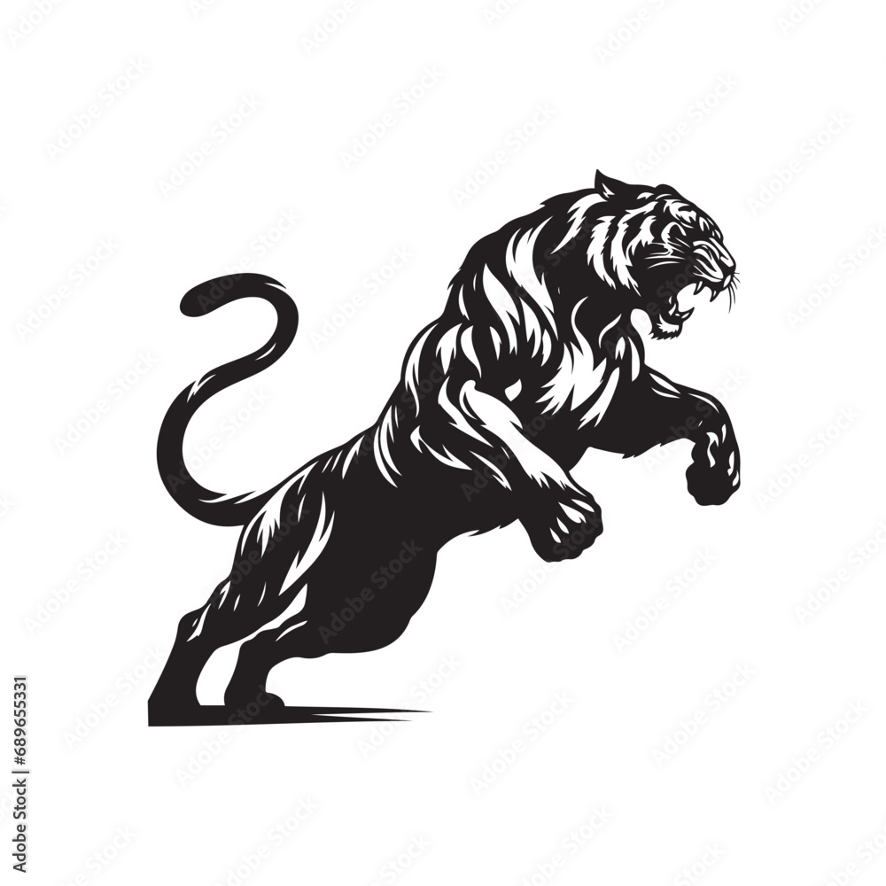Tiger Silhouette: Intense Jungle Cat Prowling in Vector Illustration Black Vector Tiger Attacking Silhouette
