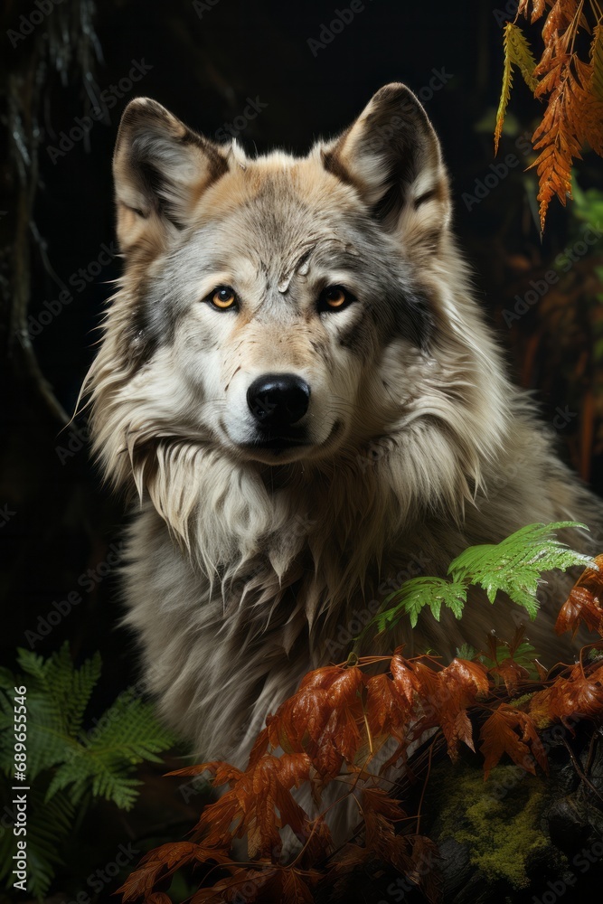 Head and shoulders of wild grey wolf, with a woodland background, detailed high quality detailed photorealistic image