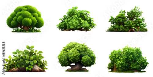 Collection of 3d cartoon clipart bush trees isolated on white and transparent background photo