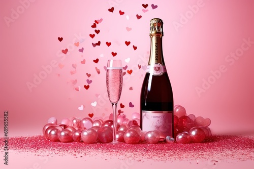 Romantic still life with champagne, strawberry and pink roses. Created with Ai