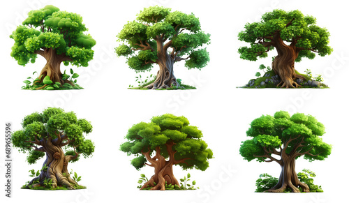 Collection of 3d cartoon clipart green trees isolated on white and transparent background