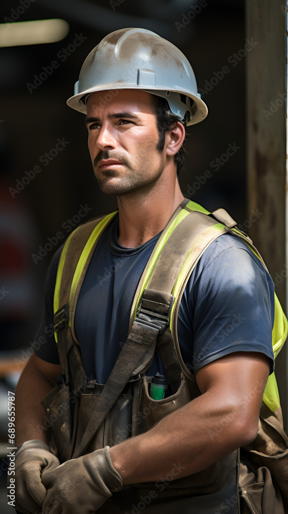 A construction worker on a site, wearing a helmet and deeply focused on his task A construction worker on a site, wearing a helmet and deeply focused on his task